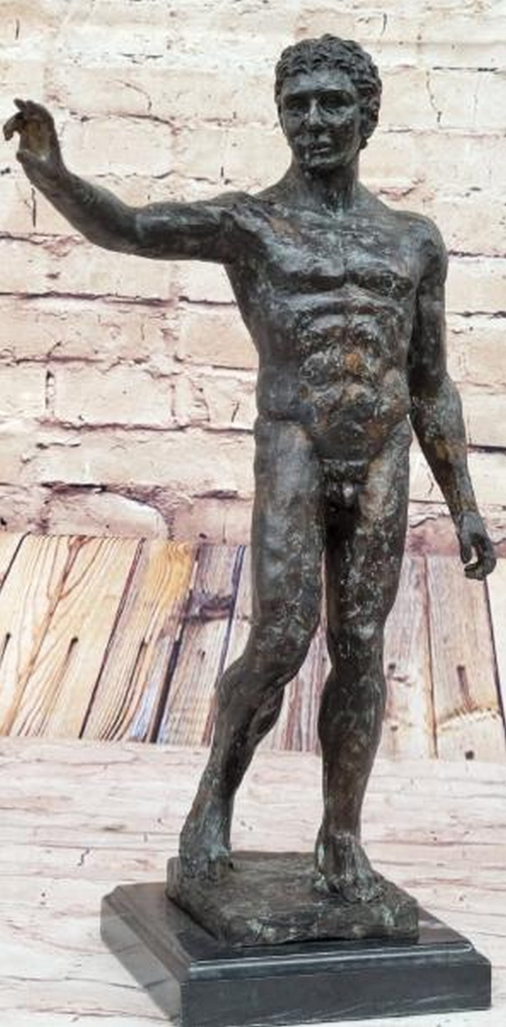 Desperate Reach Reproduction Bronze Sculpture: Desperate Reach Reproduction Bronze Sculpture This striking reproduction bronze sculpture portrays a nude man caught in a moment of raw emotion, his body marked by rugged, uneven contours that speak