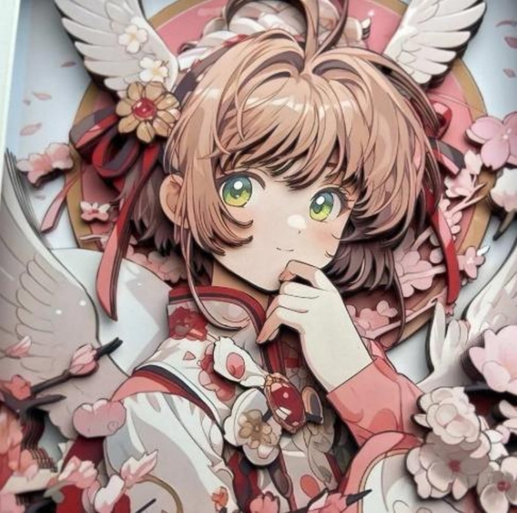 Blossom Magic 3D Paper Art of Cardcaptor Sakura in Black Frame: Blossom Magic 3D Paper Art of Cardcaptor Sakura in Black Frame Delicately layered and full of charm, this 3D paper art piece features Cardcaptor Sakura in a beautifully posed scene surrounded by floa