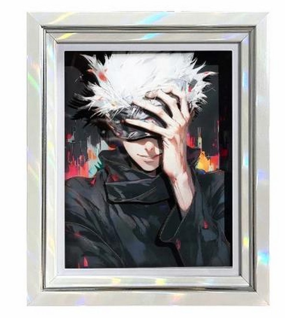 Unmasked Light 3D Paper Art Featuring Gojo in Iridescent White Frame: Unmasked Light 3D Paper Art Featuring Gojo in Iridescent White Frame Radiating calm confidence and charm, this close-up 3D paper art captures Satoru Gojo from Jujutsu Kaisen in a rare moment of ease.