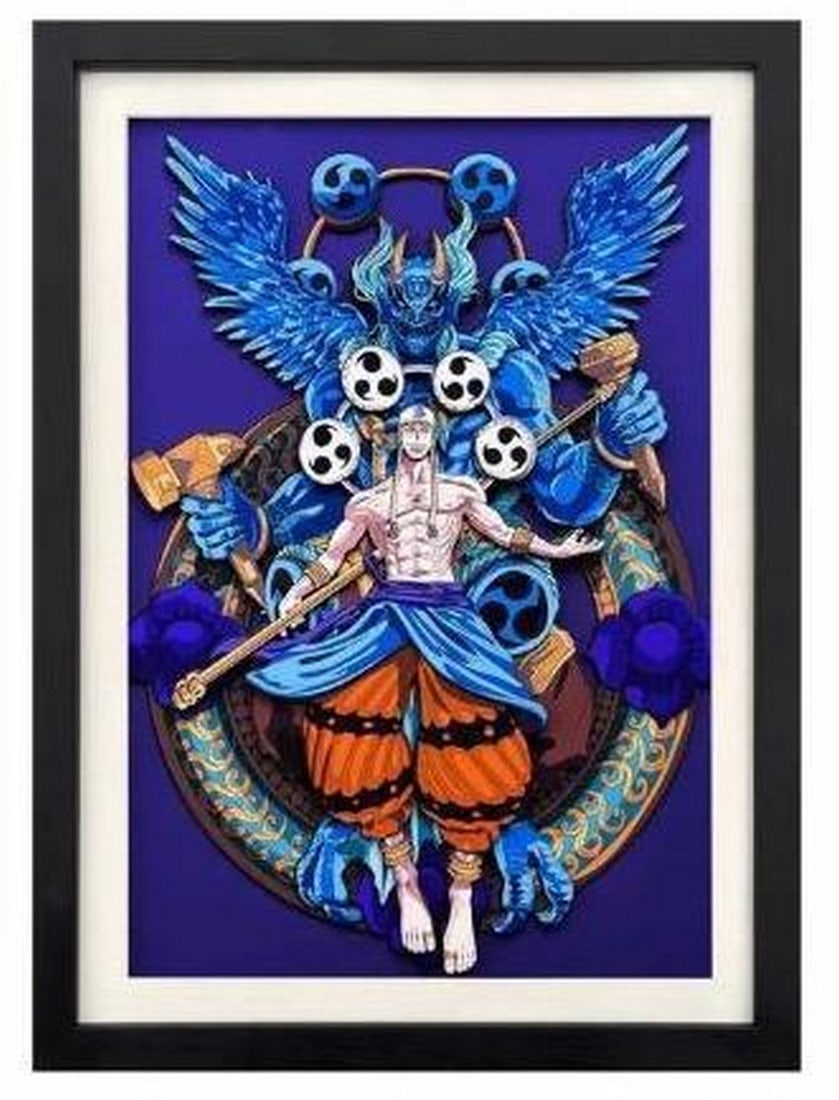 God Enel 3D Paper Art in Black Frame: God Enel 3D Paper Art in Black Frame Channel the raw power of Skypiea’s thunderous ruler with this electrifying 3D Paper Art featuring Enel from One Piece. Captured in striking detail with his sign