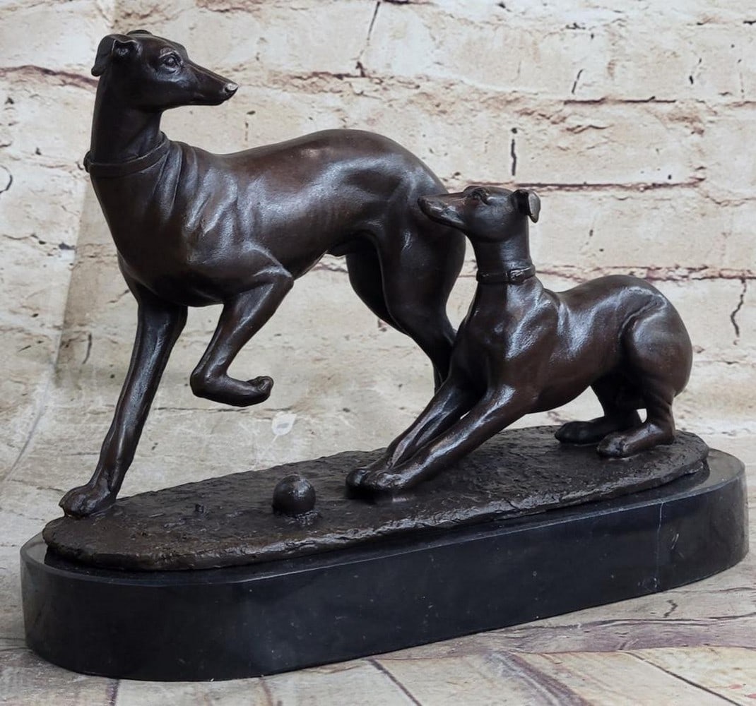 Graceful Playing Greyhounds Bronze Sculpture: Graceful Playing Greyhounds Bronze Sculpture By Pierre Jules Mene (1810-1879) Born to run, these Italian greyhounds, rendered in coveted Art Deco style, recall an aristocratic European breed. These d