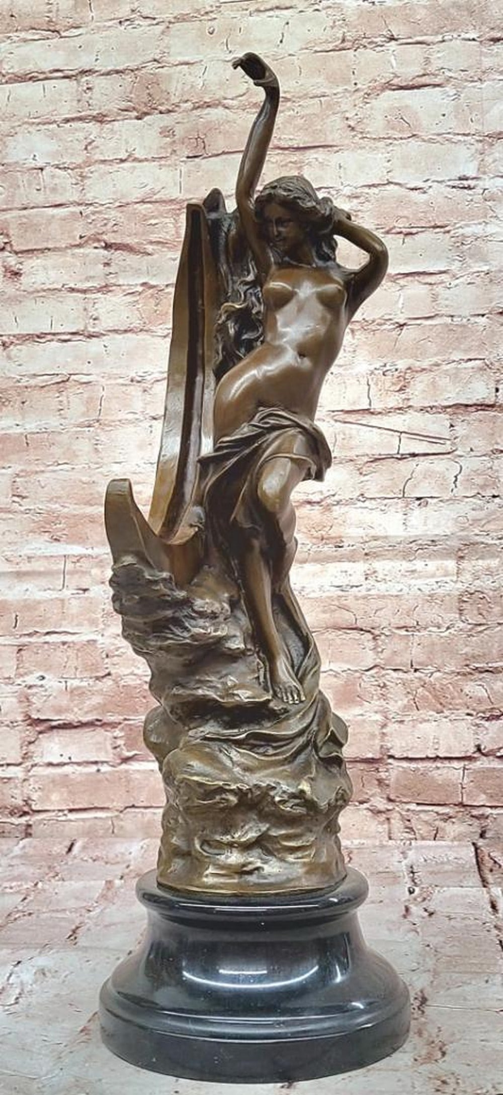 Art Nouveau Bronze Maiden on the Moon Statue by Milo – 21" x 8": Art Nouveau Bronze Maiden on the Moon Statue by Milo – 21" x 8" Original bronze sculpture titled "Venus on the Moon" by artist Milo, depicting the Roman goddess of love perched grac