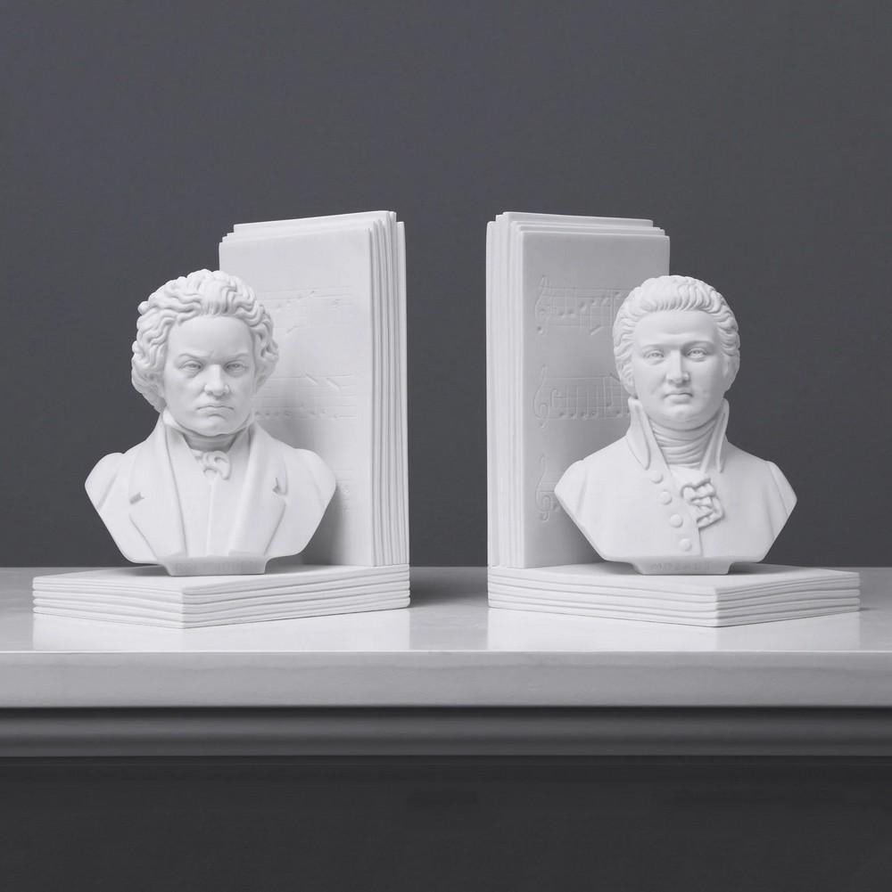 Beethoven and Mozart Bust Bookend Pair in Carrara Marble - (2.8lbs) (1 of 7)
