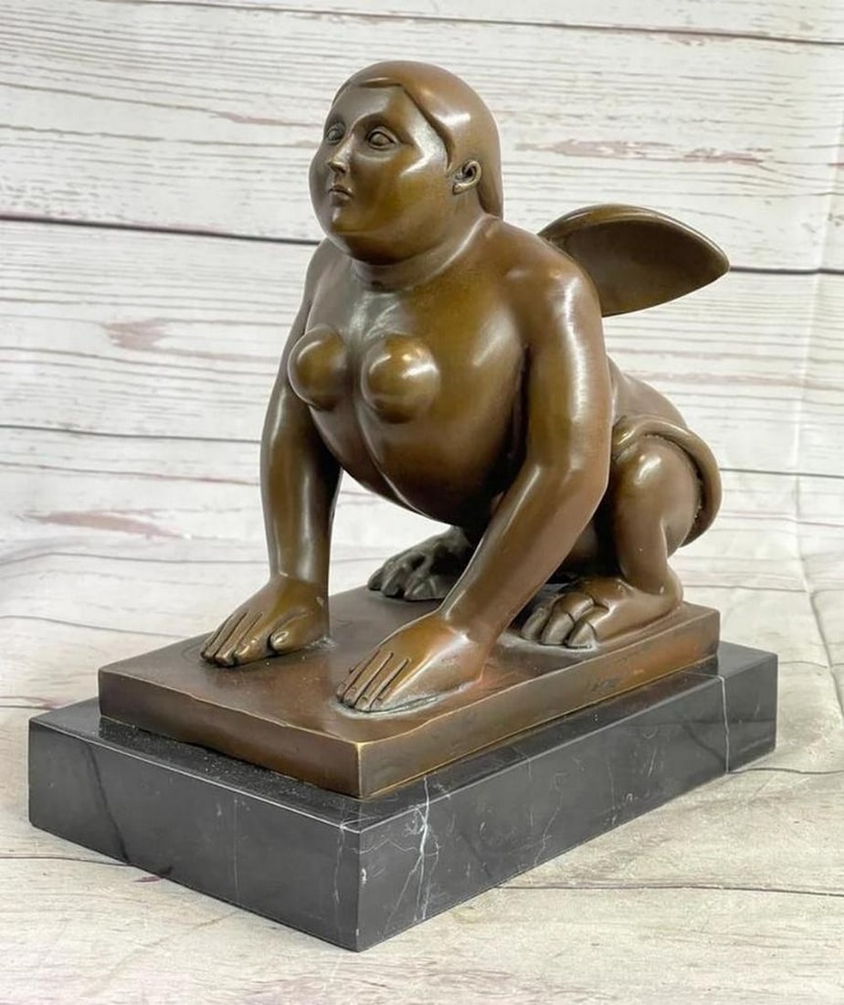 Female Greek 'Sphinx' Boterismo Bronze Art Sculpture on Marble Base Inspired by F. Botero - 9" x: Female Greek 'Sphinx' Boterismo Bronze Art Sculpture on Marble Base Inspired F. Botero - 9" x 7.5" Introducing the "Fernando Botero's Sphinx Sculpture" - a captivating mas