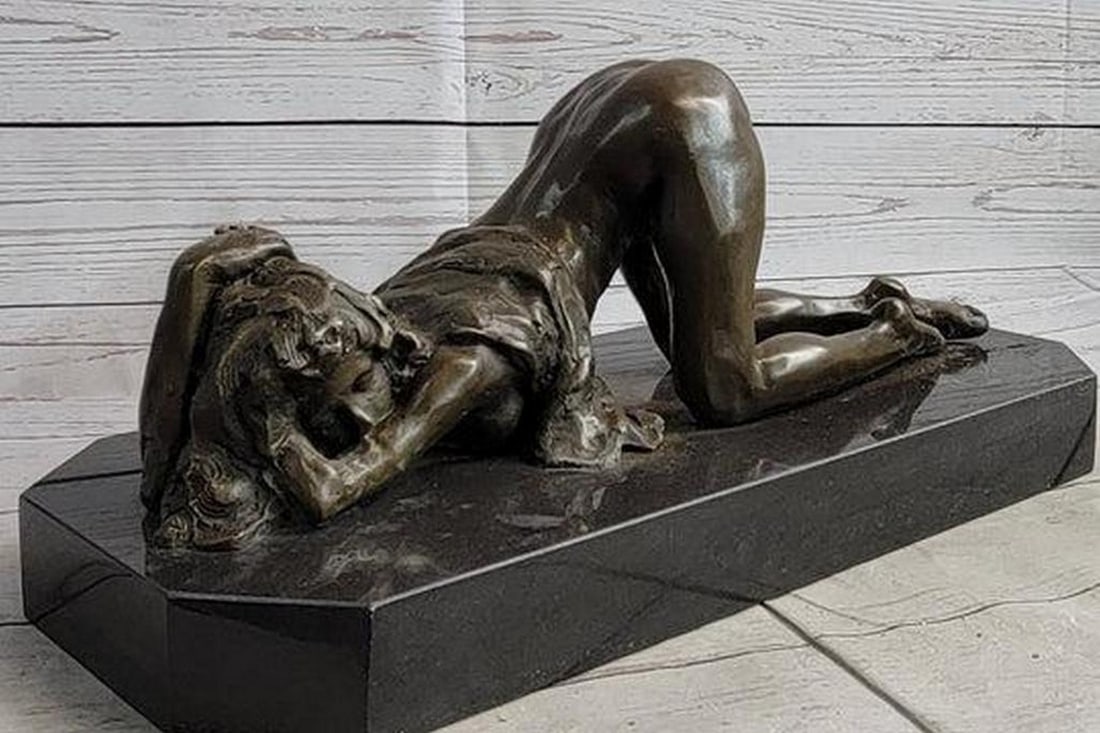 Erotic Bronze Statue of Women Crawling on Knees - 7" x 17": Erotic Bronze Statue of Women Crawling on Knees - 7" x 17" Immerse yourself in the charm of this captivating bronze sculpture, epitomizing feminine grace and elegance. The artwork featur