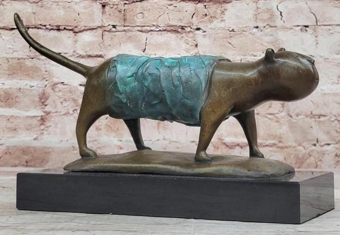 The Cat of Botero Inspired Bronze Bronze Sculpture on Marble Base with Green Patina - 7" x 11": The Cat of Botero Inspired Bronze Bronze Sculpture on Marble Base with Green Patina - 7" x 11" rafted by the acclaimed artist Fernando Botero, this exceptional bronze sculpture, titled "Fa