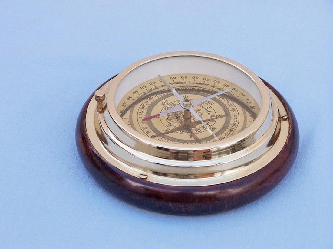 Brass Nautical Desk Compass on Wood Base - 3