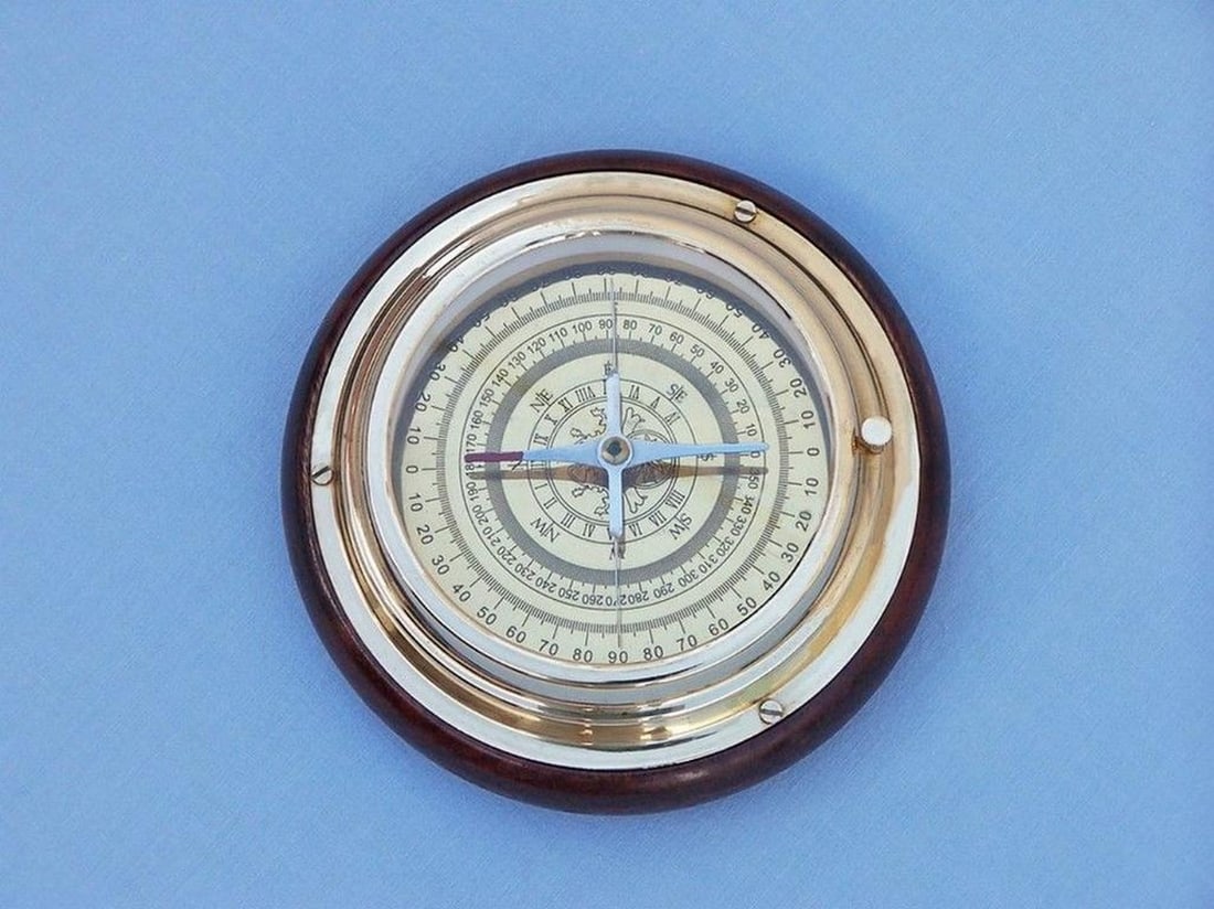 Brass Nautical Desk Compass on Wood Base - 4
