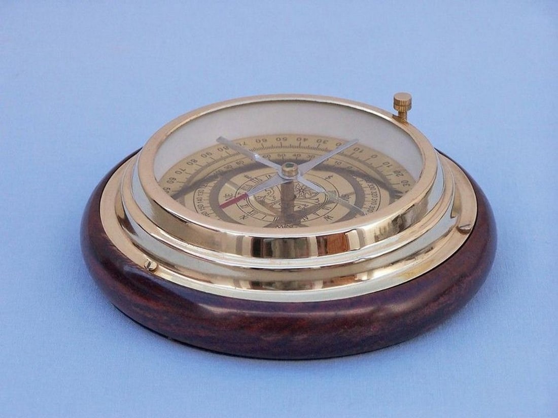 Brass Nautical Desk Compass on Wood Base - 5