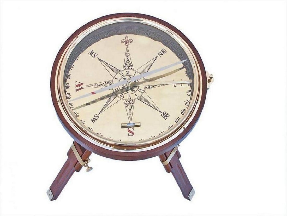 Decorative Wooden Brass Compass Table 23" - 2