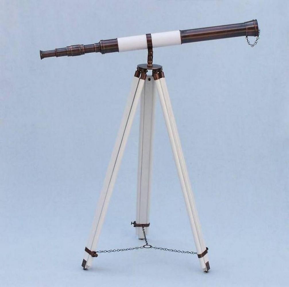 60-Inch Antique Copper Telescope with White Leather and Admirals Floor Stand: 60-Inch Antique Copper Telescope with White Leather and Admirals Floor Stand Presenting the Hampton Nautical Admiral's Floor Standing Telescope in Antique Copper with White Leather, standing