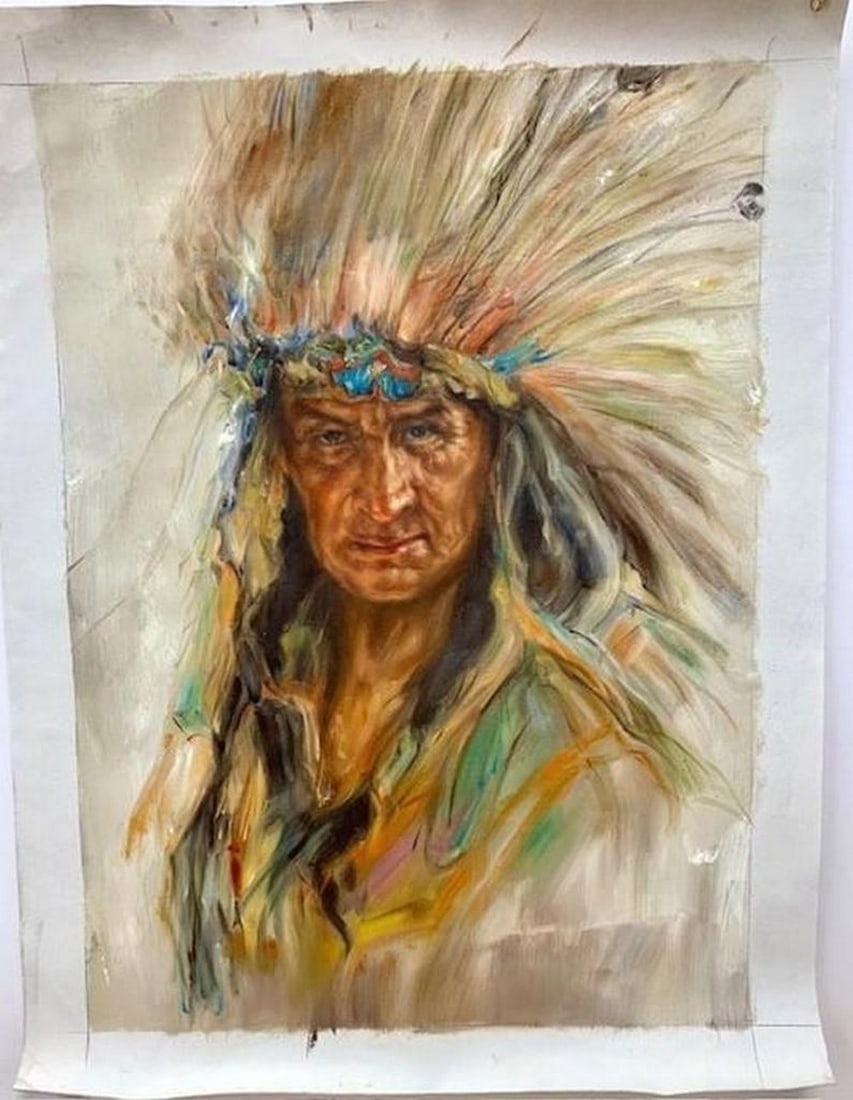 Original 20" X 28" Acrylic Of Indigenous Chief Inspired By Nicholas Raphael de Grandmaison, CM,: Original 20" X 28" Acrylic Of Indigenous Chief Inspired By Nicholas Raphael de Grandmaison, CM, RCA(1892-1978) Nicholas de Grandmaison was a prolific and influential portrait artist known