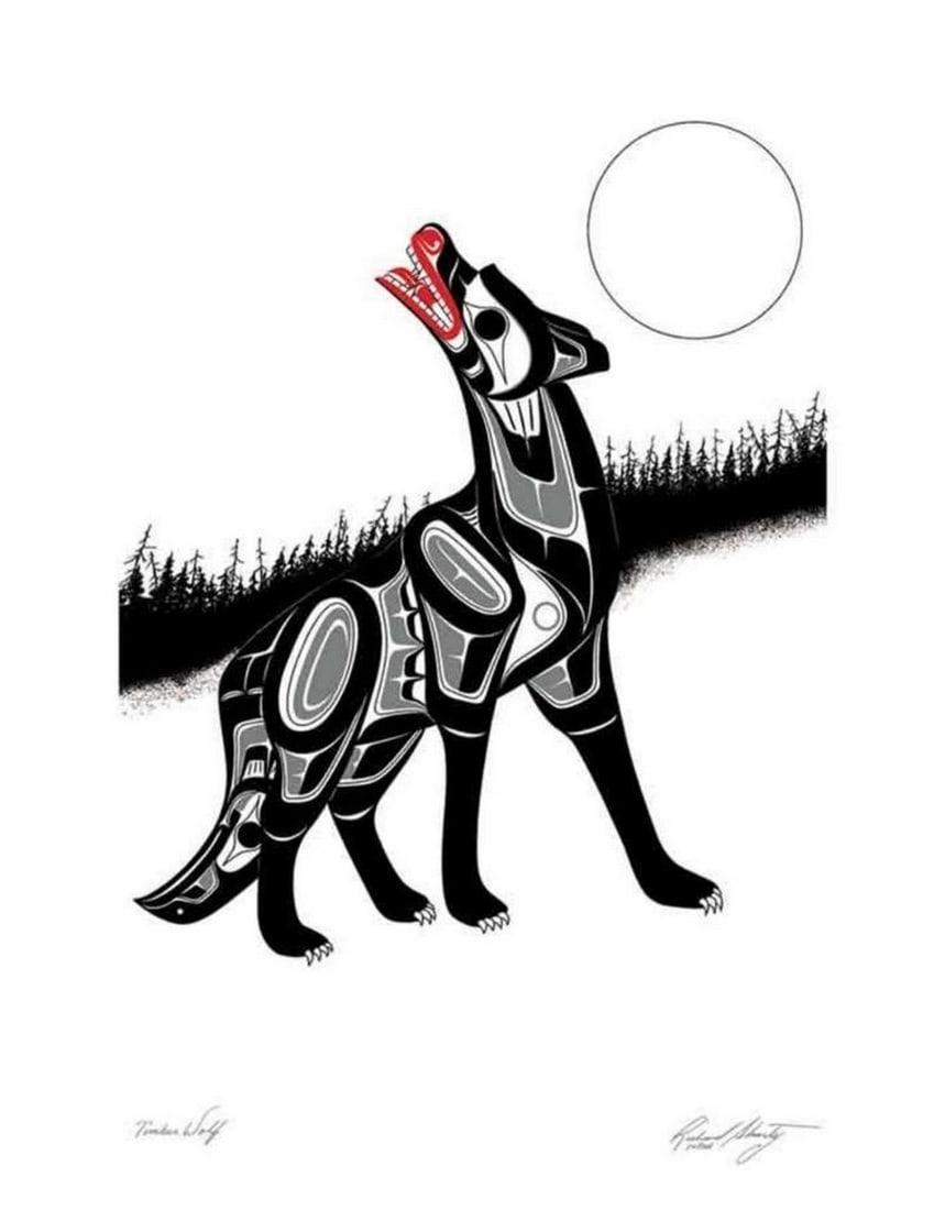Timber Wolf" Framed Art Print by Richard Shorty -12" x 14: "Timber Wolf" Framed Art Print by Richard Shorty -12" x 14" Richard, born in Whitehorse, Yukon Territory in 1959, is a member of the Northern Tuchone Tribe and a self-taught artist.