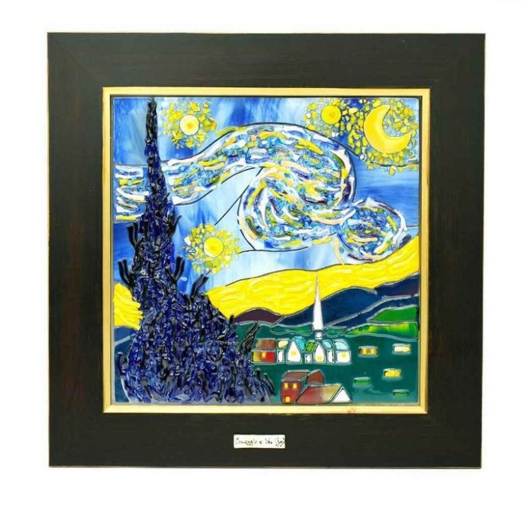Starry Night Murano Glass Artwork Canvas After Van Gogh: Starry Night Murano Glass Artwork Canvas After Van Gogh Introducing our Starry Night Murano Glass Artwork Canvas, a mesmerizing tribute to Vincent Van Gogh's masterpiece. This stunning piece capt