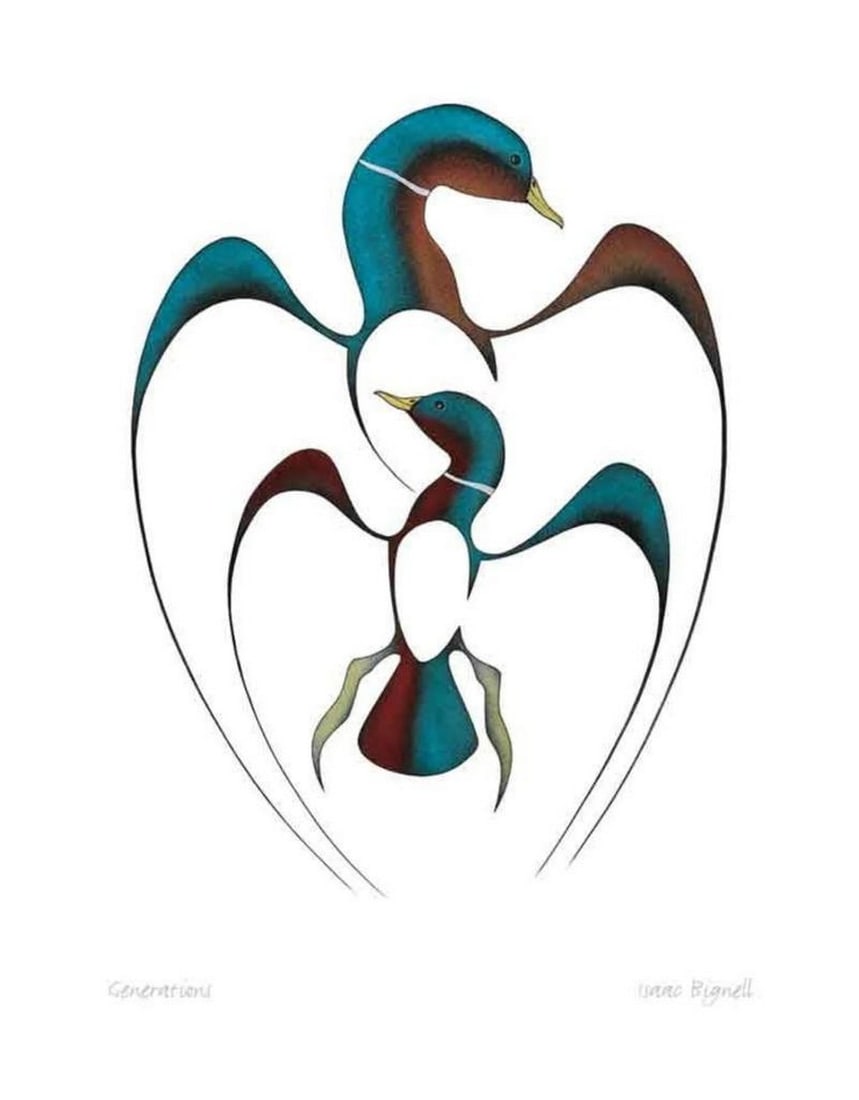 12" x 14" Framed Art Picture 'Generations' by Isaac Bignell: 12" x 14" Framed Art Picture 'Generations' by Isaac Bignell Isaac Bignell, a self-taught Cree painter born in 1958 on the Pas Reserve, left an indelible mark on the art world with his