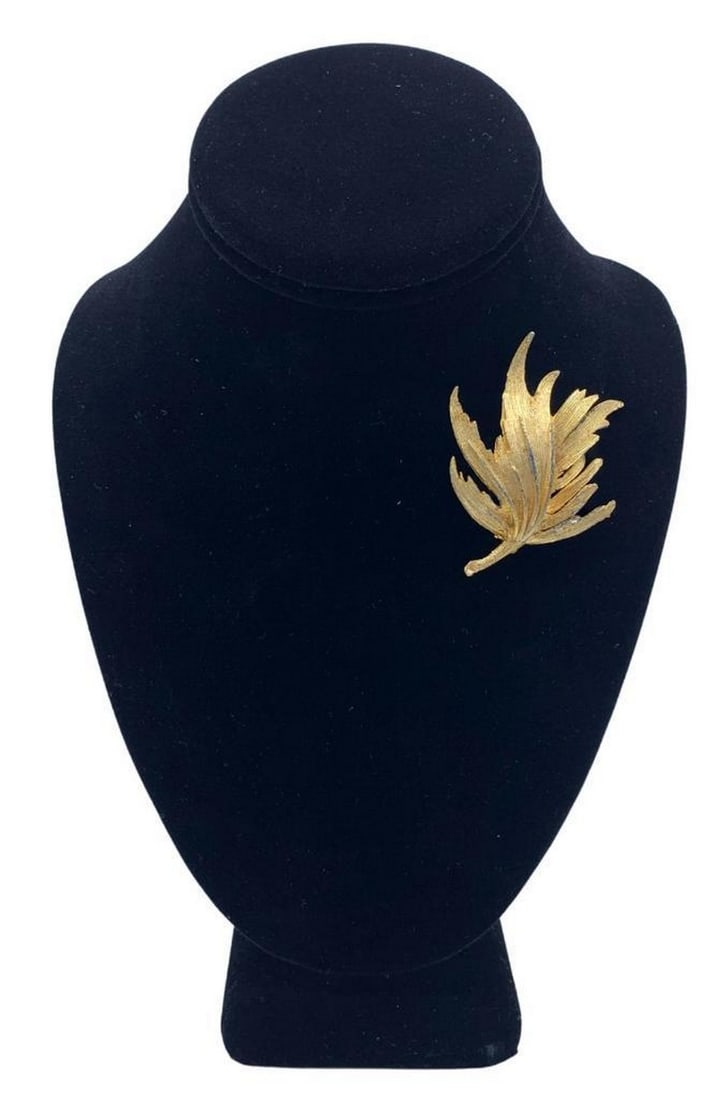 Gorgeous Gold Feather Brooch: Gorgeous Gold Feather Brooch As a symbol across many cultures, feathers have always represented a connection to spiritual realms and to divinity. And because of their connection to birds, they