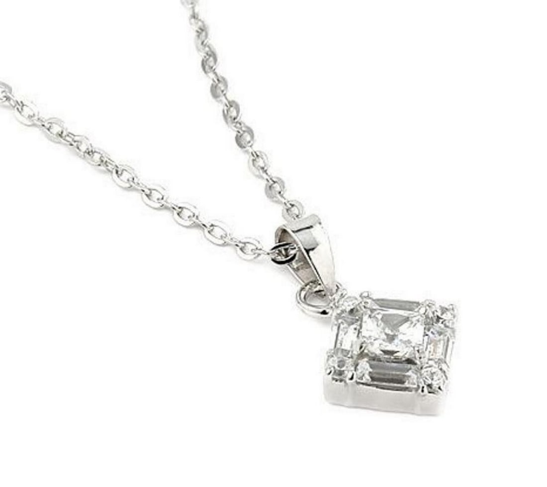 18" Clear Cubic Zirconia Pendant Necklace With Princess & Baguette Cut: 18" Clear Cubic Zirconia Pendant Necklace With Princess & Baguette Cut Elevate your style with our stunning 18" Clear Cubic Zirconia Pendant Necklace, featuring exquisite Princess and