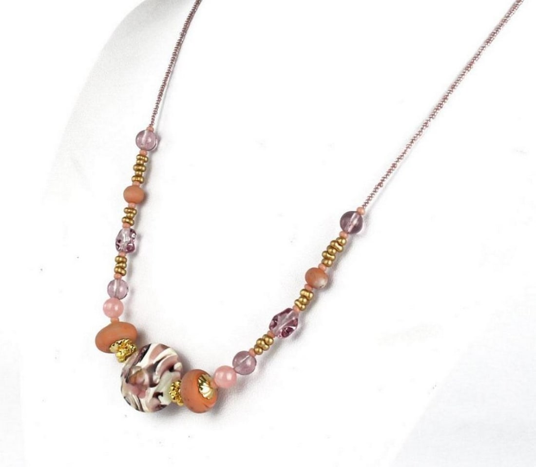 Pink Murano Glass Bead Necklace: Pink Original Murano Glass Bead Necklace A beautiful venetian glass pendant necklace. This necklace is made in lamp working technique, and each bead is worked as single piece. Beads are made in