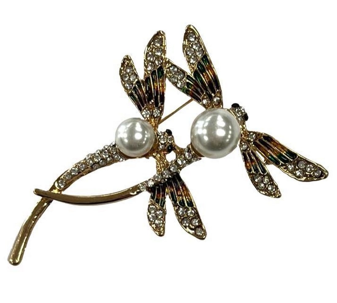 Pearl & Crystal Double Dragonfly Golden Brooch: Pearl & Crystal Double Dragonfly Golden Brooch This exquisite brooch showcases a double dragonfly design, crafted with intricate detailing and a golden finish that adds a touch of luxury. The