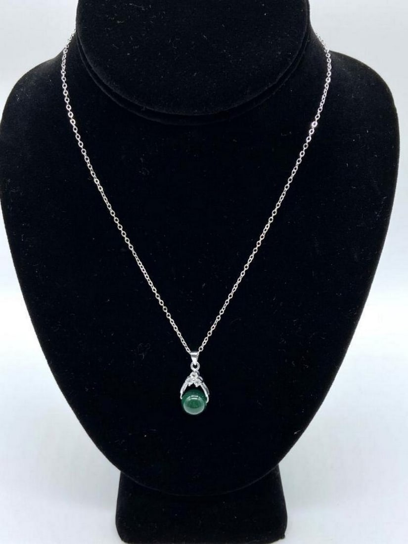 Sterling Silver 925 Necklace With Green Jade Sphere Pendant: Sterling Silver 925 Necklace With Green Jade Sphere Pendant View Photos for Further Details.