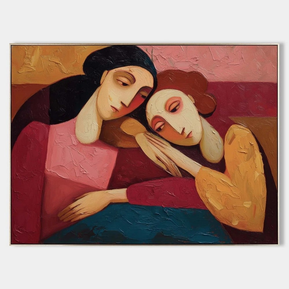 Shared Quiet Canvas Painting: Shared Quiet Canvas Painting In a hush of warm rose, ochre, and earthen reds, two figures lean gently into one another, forming a tender architecture of rest and support. Their elongated faces and