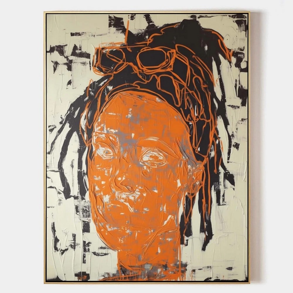Unfinished Presence Canvas Painting: Unfinished Presence Canvas Painting A vivid orange face emerges from a textured field of ivory and black, its features traced with raw, searching lines. The surface bears the marks of