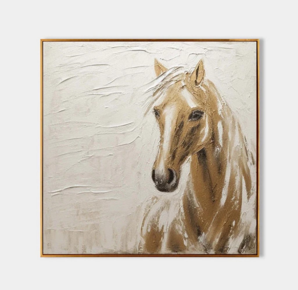 "Golden Grace" Horse Painting: "Golden Grace" Horse Painting This painting captures the elegance of a golden-colored horse with a flowing mane, set against a textured, off-white background. The horse's head and upper