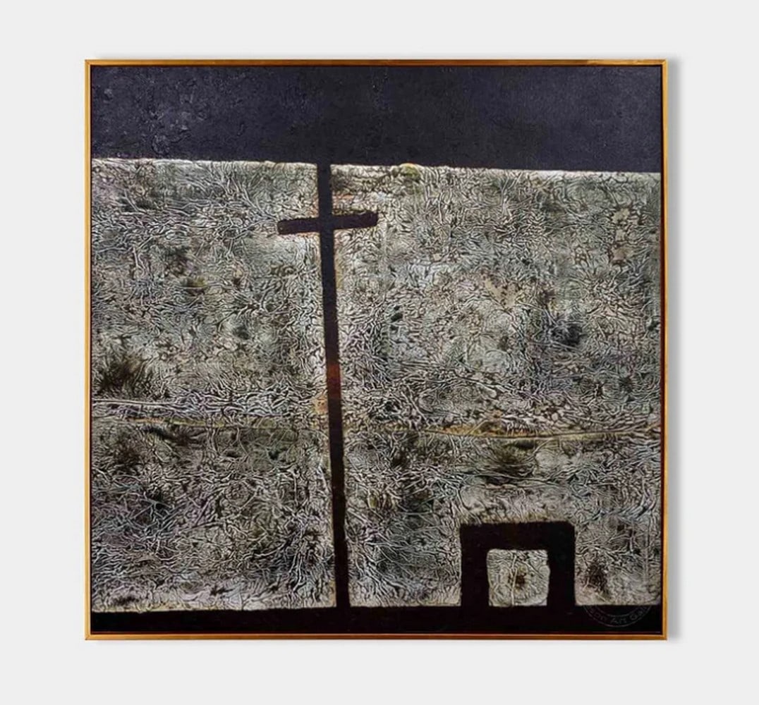 Echoes of Contrast Textured Canvas Painting: Echoes of Contrast Textured Canvas Painting This abstract painting presents a dynamic interplay between darkness and light, with a textured backdrop of layered gray, white, and black hues. Two strikin