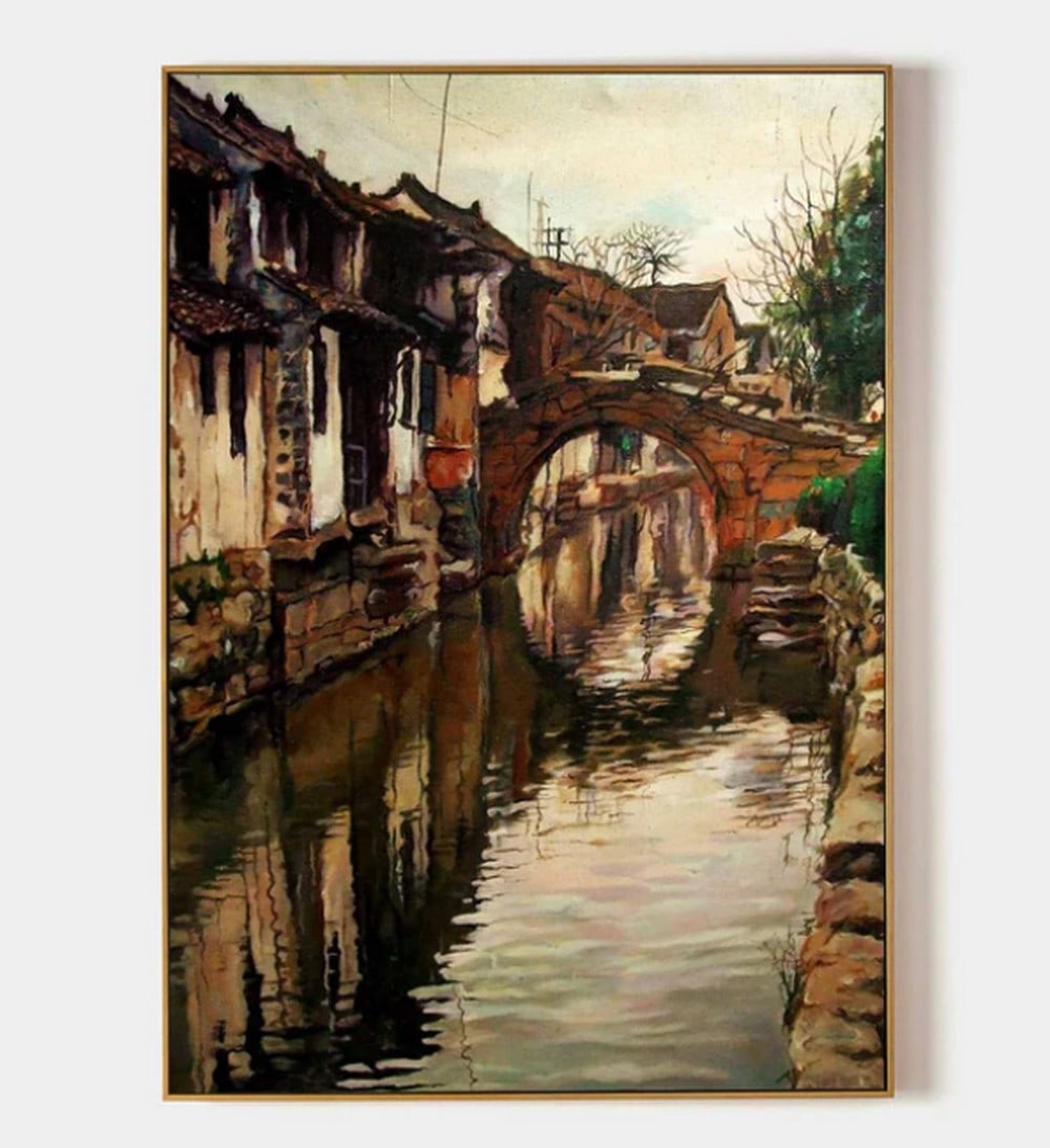 "The Murmuring Canal" Hyperrealistic Canvas Painting: "The Murmuring Canal" Hyperrealistic Canvas Painting Bathed in soft light and brushed with nostalgia, this painting depicts an ancient canal town in poetic stillness. A graceful stone bridge