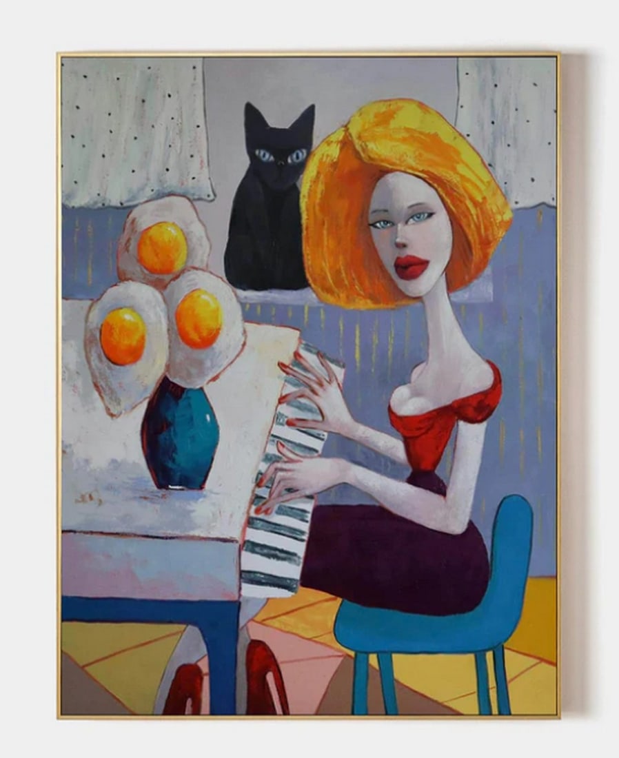 Muse with Cat Pop Art Style Canvas Painting: Muse with Cat Pop Art Style Canvas Painting A vibrant and surreal painting featuring a woman with bright yellow hair, seated at a piano. Dressed in a striking red gown, she plays while a black cat wat
