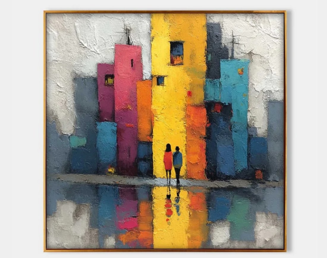 Urban Life Pop Art Canvas Painting: Urban Life Pop Art Canvas Painting This vertical pop-art canvas features a stylized skyline composed of tall, multicolored rectangular forms reflected in a softly rippling foreground. Acrylic brushwor