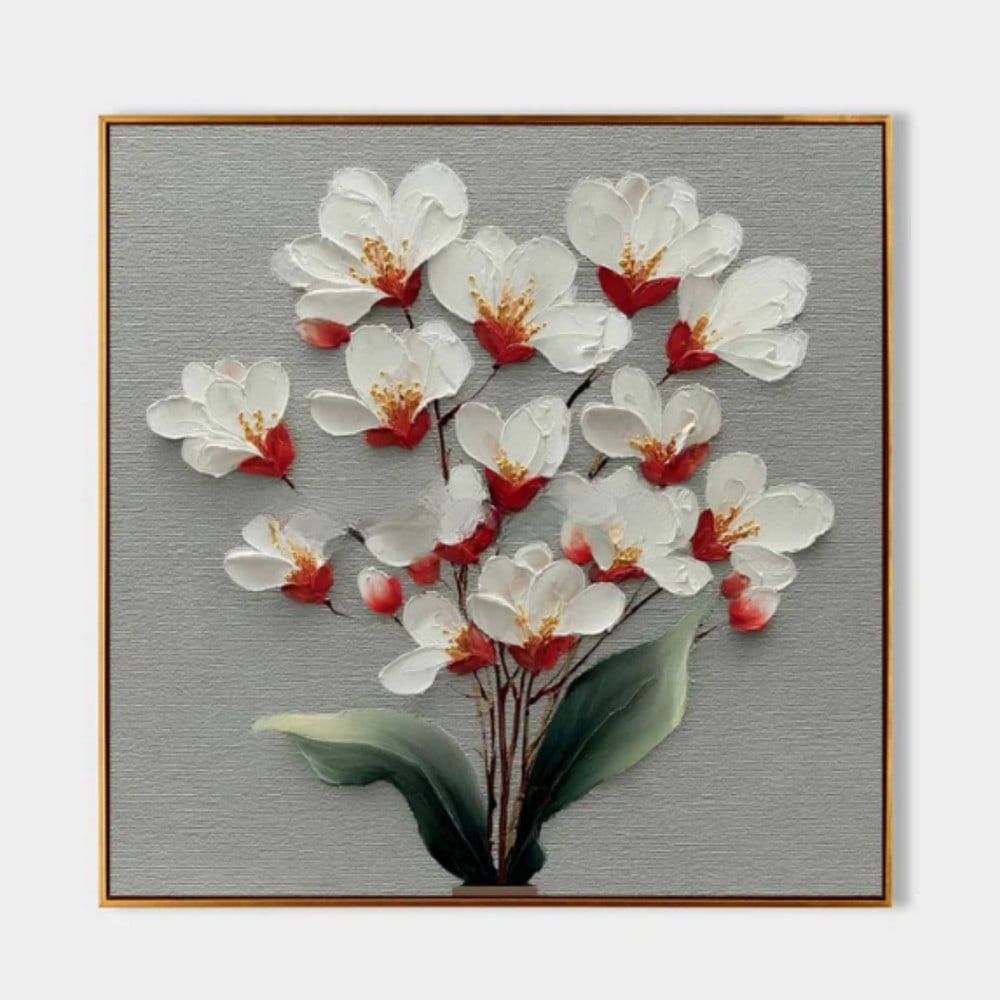 Serenade of Orchids Canvas Painting: Serenade of Orchids Canvas Painting This elegant painting portrays a lush cascade of white orchids with vivid crimson centers, blooming in harmony against a soft gray backdrop. Each petal is delicate