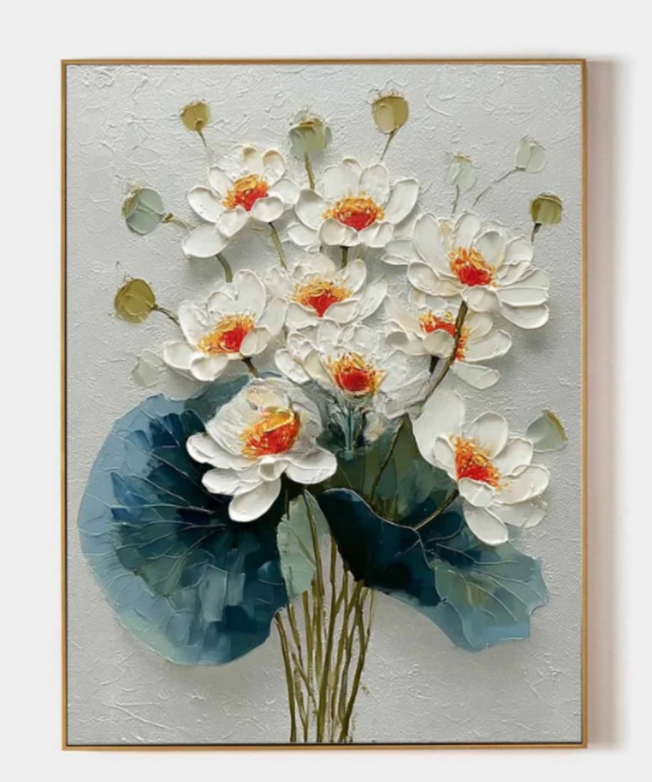 Crown of Morning Canvas Painting: Crown of Morning Canvas Painting This captivating floral painting presents a bouquet of pristine white blossoms with radiant orange centers, gathered tightly and supported by rich green foliage. The