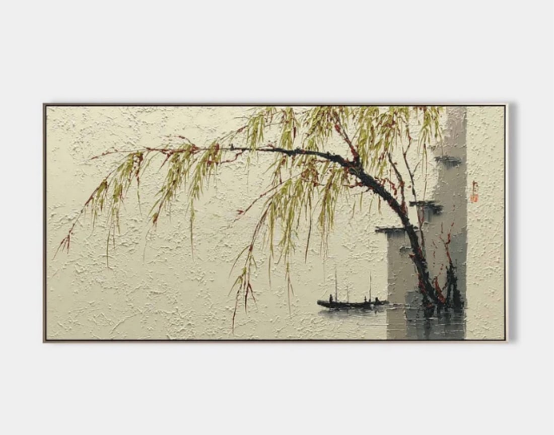 Reflections of Solitude Canvas Painting: Reflections of Solitude Canvas Painting This serene landscape painting gently draws the viewer into a moment of quiet contemplation. A solitary willow tree leans gracefully over the edge of a