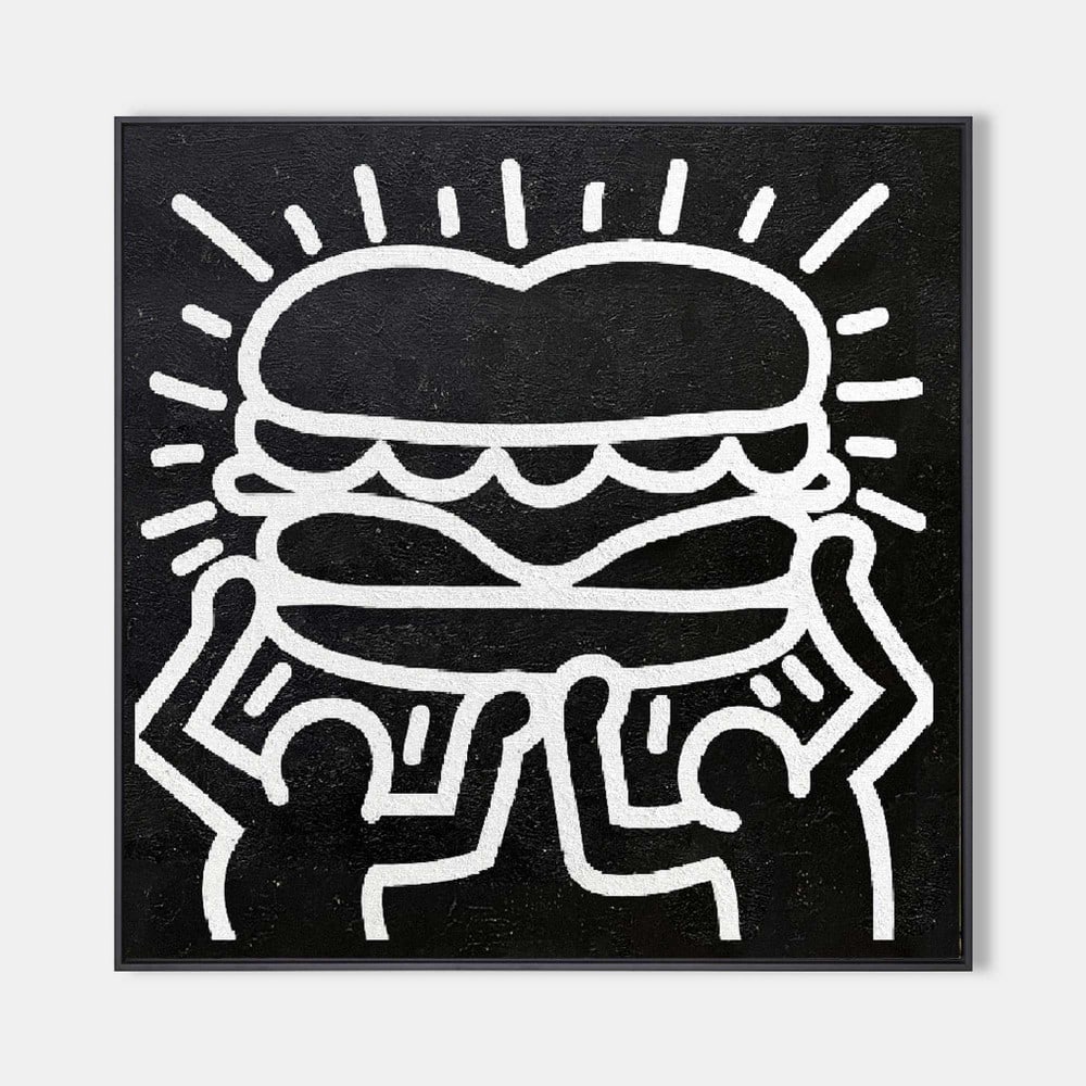"Bold Burger Tribute" Keith Haring Inspired Canvas Painting: "Bold Burger Tribute" Keith Haring Inspired Canvas Painting Celebrate contemporary art with Bold Burger Tribute, a Keith Haring-inspired canvas painting. Featuring dynamic black-and-white lin