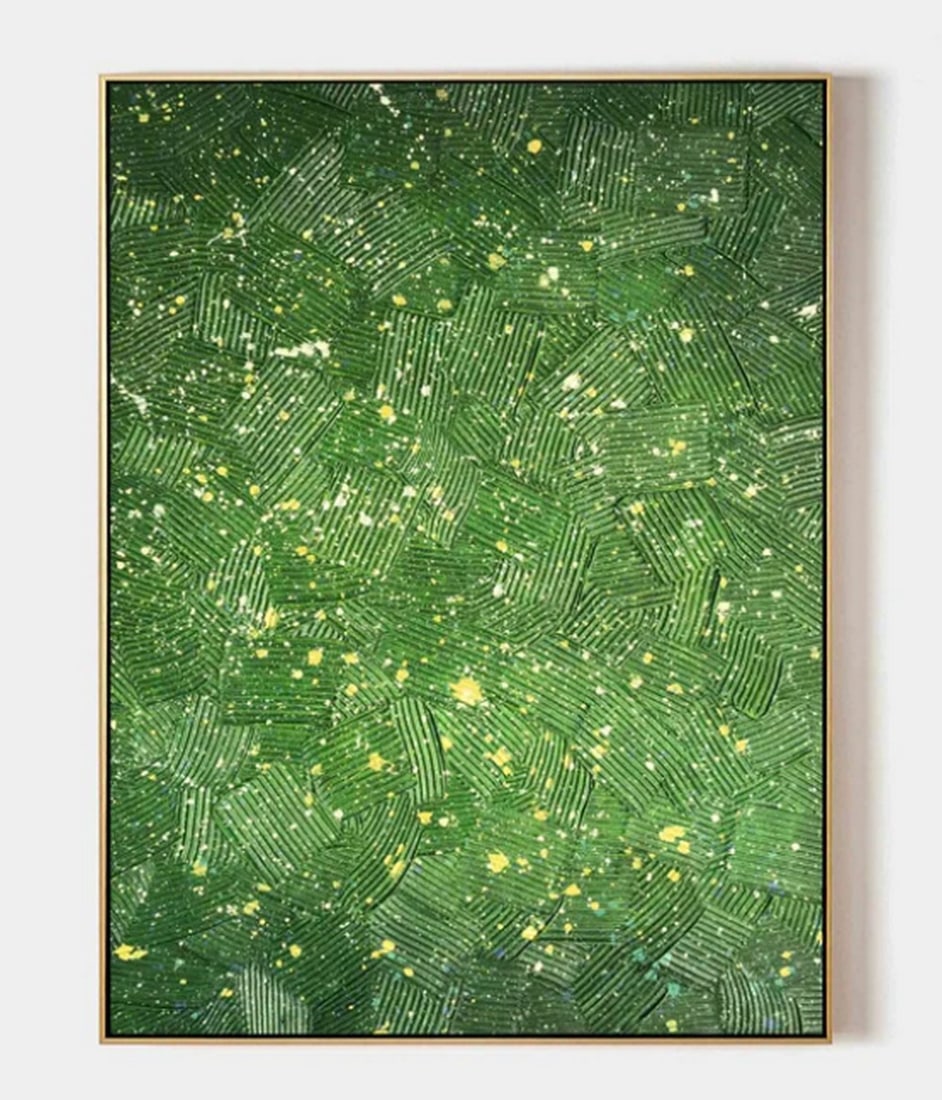 Starry Night in the Forest: Starry Night in the Forest This artwork presents a mesmerizing abstract scene that evokes the beauty of a starry night over a lush, dense forest. Shades of green create a rich, textured background rem