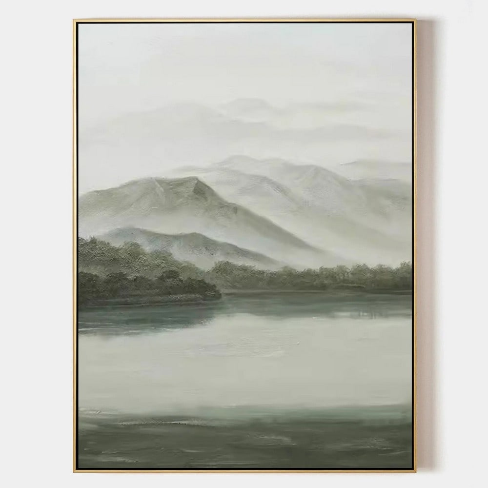 Tranquil Gray & Green Landscape Oil Canvas Painting: Tranquil Gray & Green Landscape Oil Canvas Painting Bring serenity to your space with this Tranquil Gray & Green Landscape oil painting. Soft, earthy tones and gentle brushstrokes create a ca