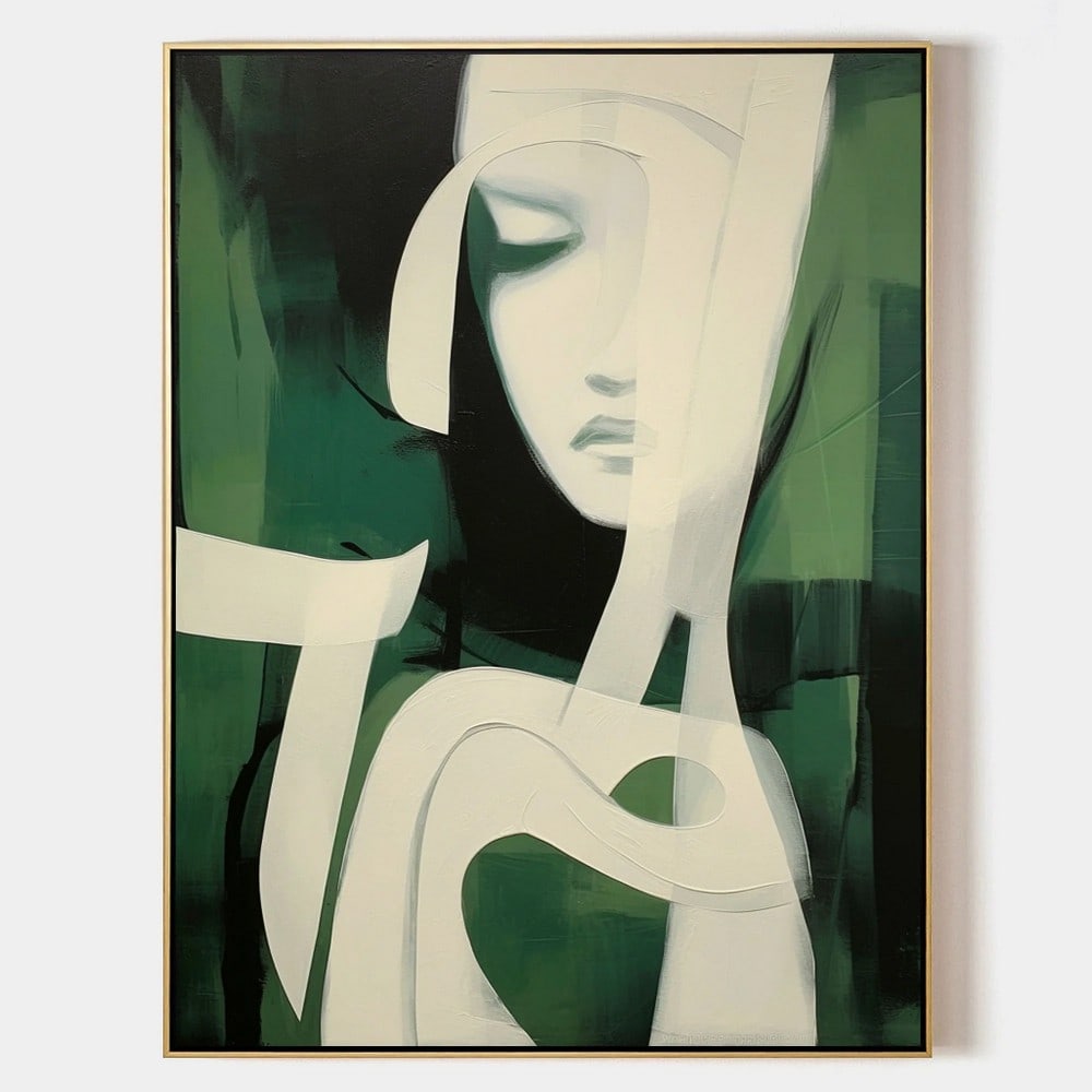 Enigmatic Woman Green Portrait Abstract Canvas Painting: Enigmatic Woman Green Portrait Abstract Canvas Painting The Enigmatic Woman Green Portrait abstract canvas painting captivates with its bold, green hues and mysterious allure. The expressive form and