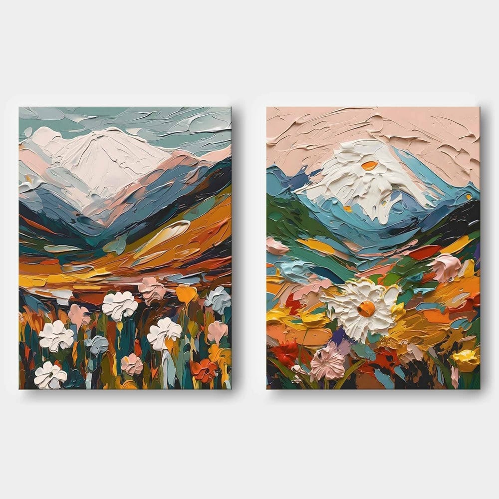 Set of 2 Thick Colorful Flowers & Mountains Abstract Canvas Painting: Set of 2 Thick Colorful Flowers & Mountains Abstract Canvas Painting The Set of 2 Thick Colorful Flowers & Mountains abstract canvas paintings feature vibrant blooms and bold, sweeping mounta