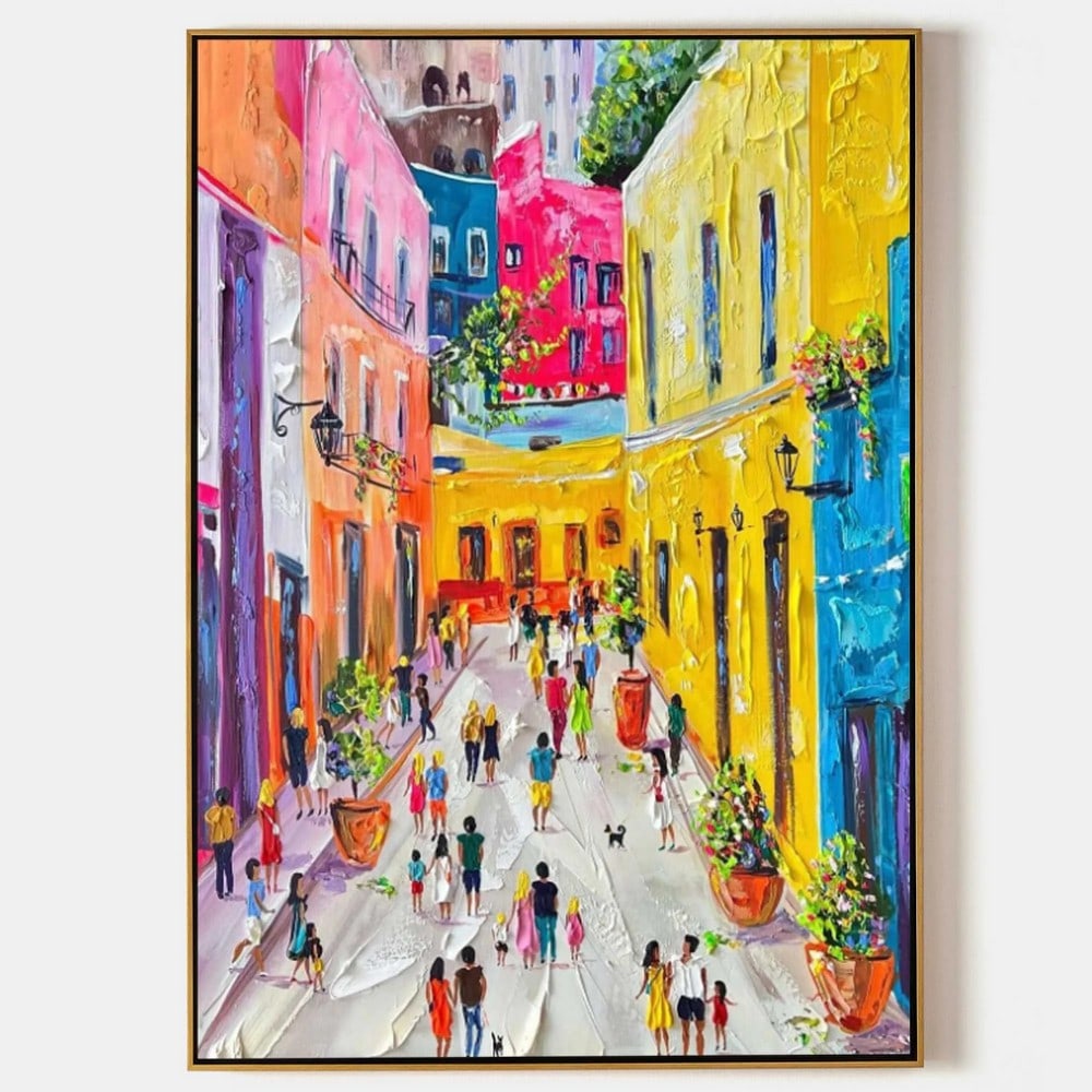 Plaster Art Colorful Downtown Painting: Plaster Art Colorful Downtown Painting This plaster art painting captures the vibrant energy of a downtown scene with rich textures and dynamic colors. The layered composition adds depth and dimension