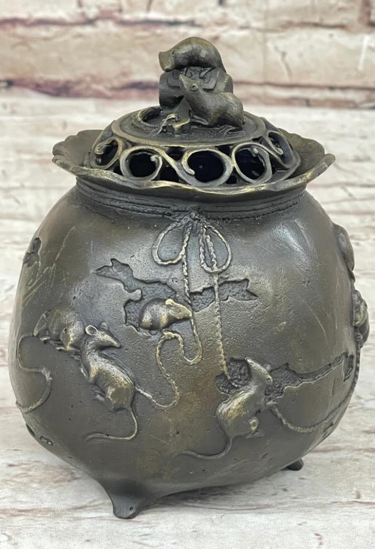 Vintage Chinese Japanese Original Bronze Rat Incense Burner - 6" x 4" (1 of 7)