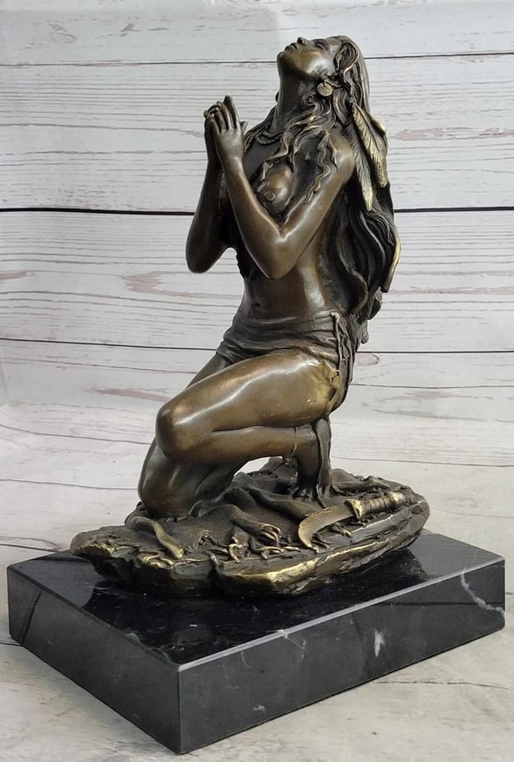 Praying Warrior Girl Bronze Statue - 10" x 6.5": Praying Warrior Girl Bronze Statue - 10" x 6.5" This graceful lady on bending knees looks up at the sky and prays to God. She asks for forgiveness of all her sinful acts and she asks God to h