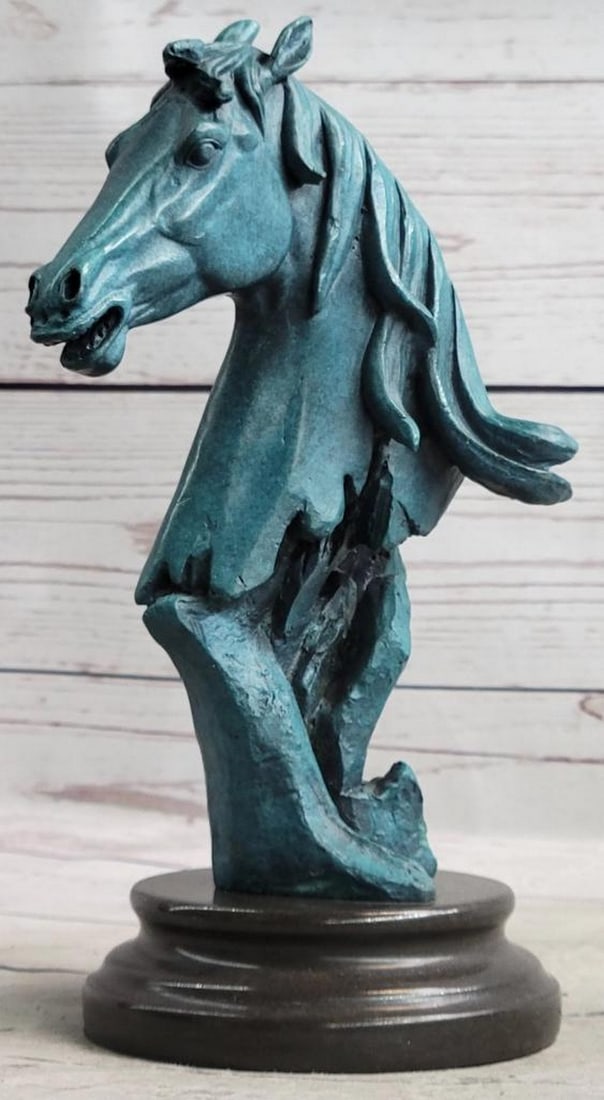 Signed Original Blue Patina Abstract Horse Bust Bronze Sculpture On Marble Base - 8.5" x 5": Signed Original Blue Patina Abstract Horse Bust Bronze Sculpture On Marble Base - 8.5" x 5" This gorgeous bronze bust of a horse is unique and filled with a raging vibe of energy. The horse s