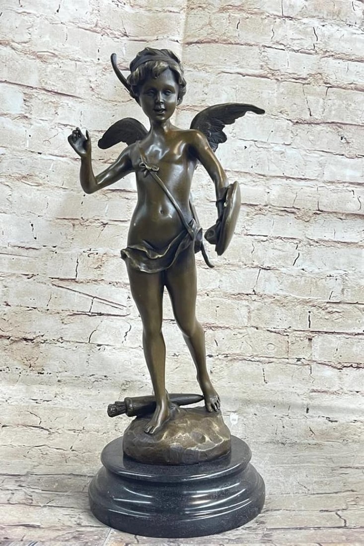 Cupid's Archery Practice - Bronze Sculpture of Youthful Love Inspired by Moreau - 17" x 7": Cupid's Archery Practice - Bronze Sculpture of Youthful Love Inspired by Moreau - 17" x 7" Immerse yourself in the enchanting world of love with this captivating bronze sculpture that bea