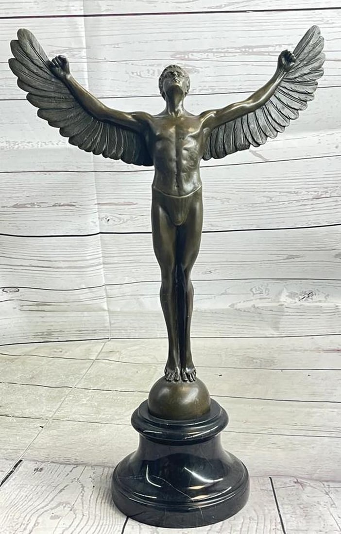 The Flight of Icarus Bronze Nude Sculpture by Weinman on Marble Base - 16" x 11": The Flight of Icarus Bronze Nude Sculpture by Weinman on Marble Base - 16" x 11" "The Flight of Icarus" Bronze Nude Sculpture by Weinman on Marble Base is a captivating embodiment o