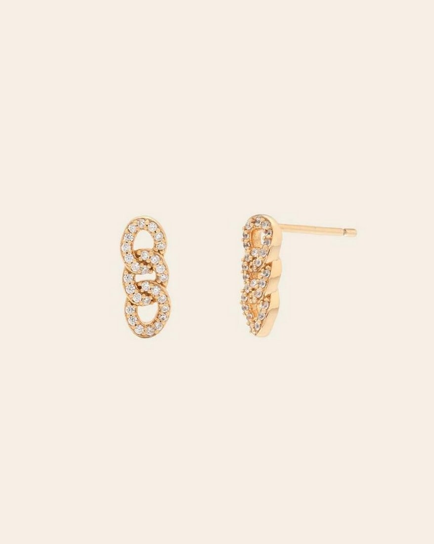14k Vermeil Gold Plated Women's Pave Chain Studs: 14k Vermeil Gold Plated Women's Pave Chain Studs These 14K vermeil gold-plated pave chain studs offer a stunning blend of modern elegance and sparkling sophistication. Featuring a chain-inspired d