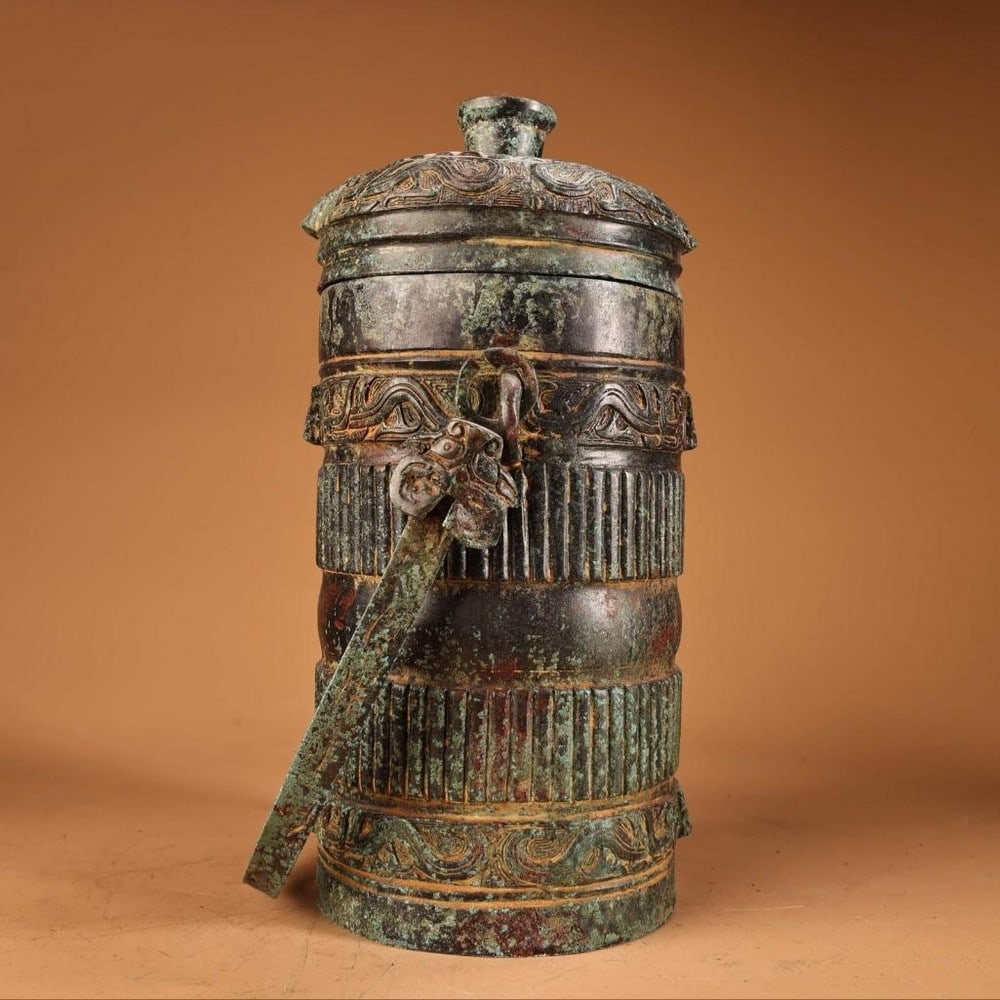 Handcrafted Chinese Bronze Inscription Jar Sculpture (1 of 6)