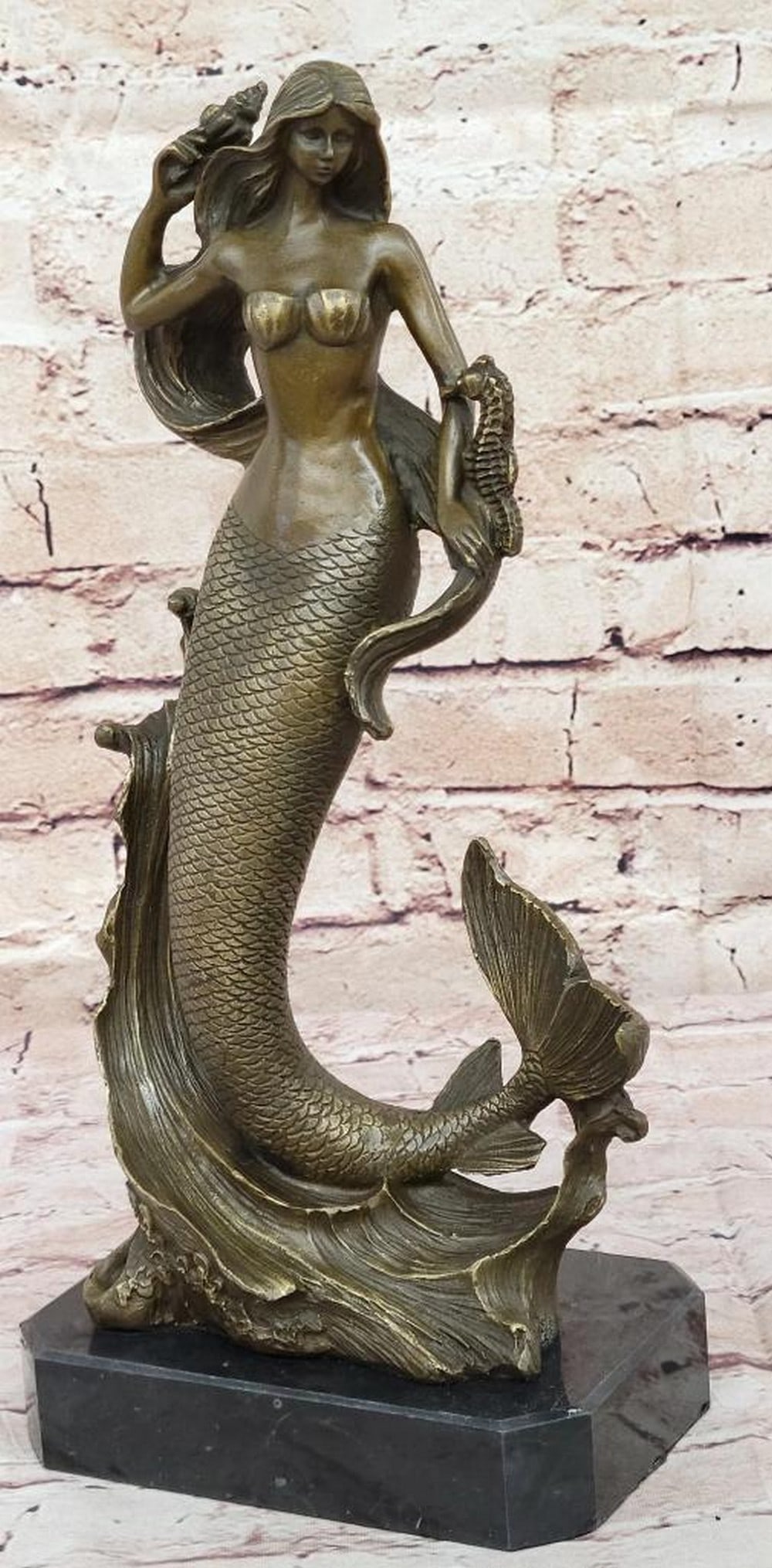 Siren's Song Bronze Mermaid Art Sculpture Original Artwork by Milo on Marble Base - 13" x 6": Siren's Song Bronze Mermaid Art Sculpture Original Artwork by Milo on Marble Base - 13" x 6" Dive into the enchanting allure of "Siren's Song," a mesmerizing 100% bronze merma