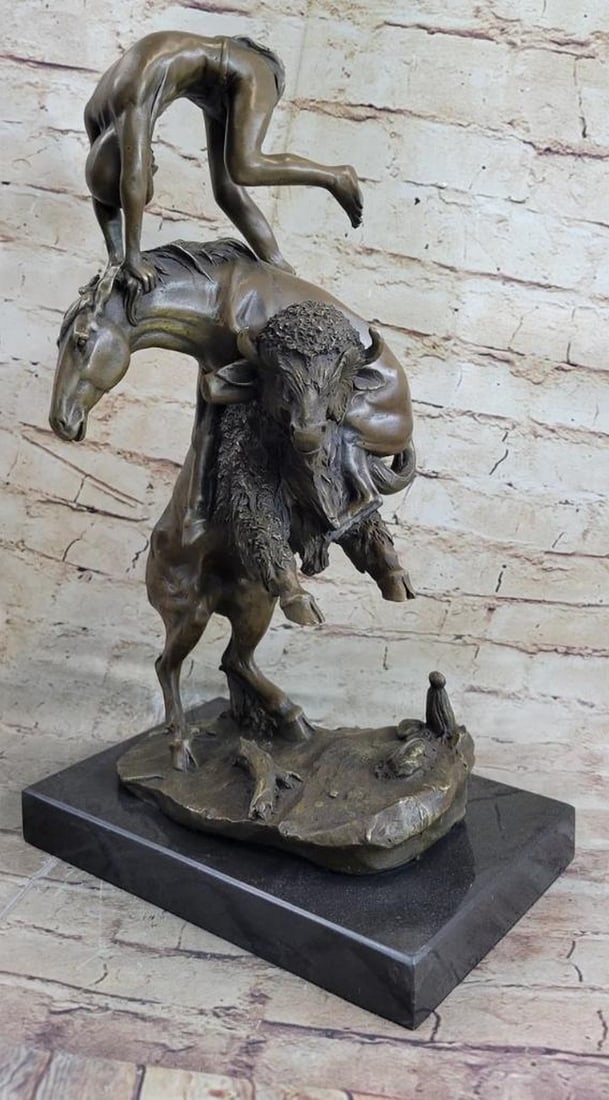 Native American Kid Jumping over Buffalo & Horse Inspired Bronze Statue by Remington - 16.5" x 10" (1 of 8)