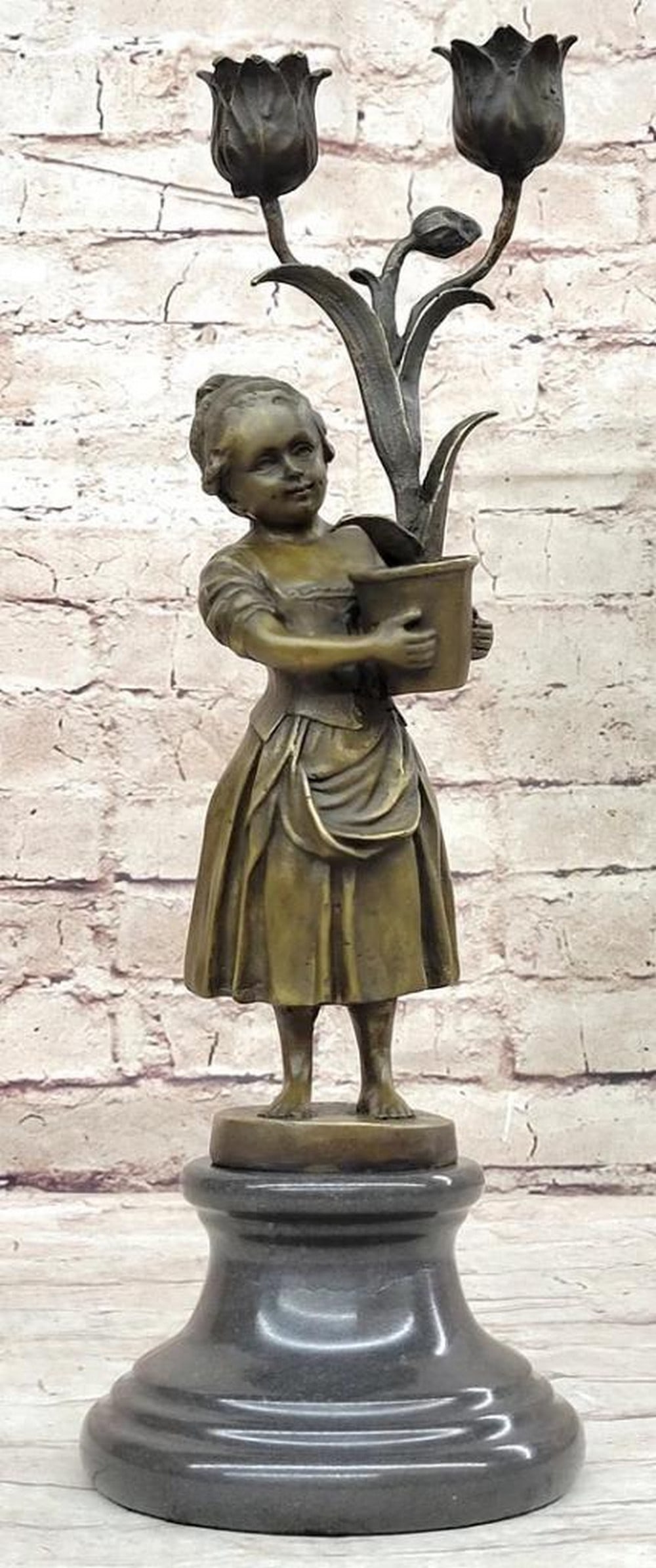 Young Girl with Tulip Candle Holder Vase Original Bronze Sculpture by Aldo Vitaleh - 14.5" x 5": Young Girl with Tulip Candle Holder Vase Original Bronze Sculpture by Aldo Vitaleh - 14.5" x 5" Immerse yourself in the beauty of this exquisite bronze sculpture, a stunning creation by the re